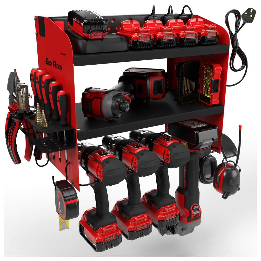 Toolganize Power Tool Organiser, Storage Rack - 4 Slot, Milwaukee Red.