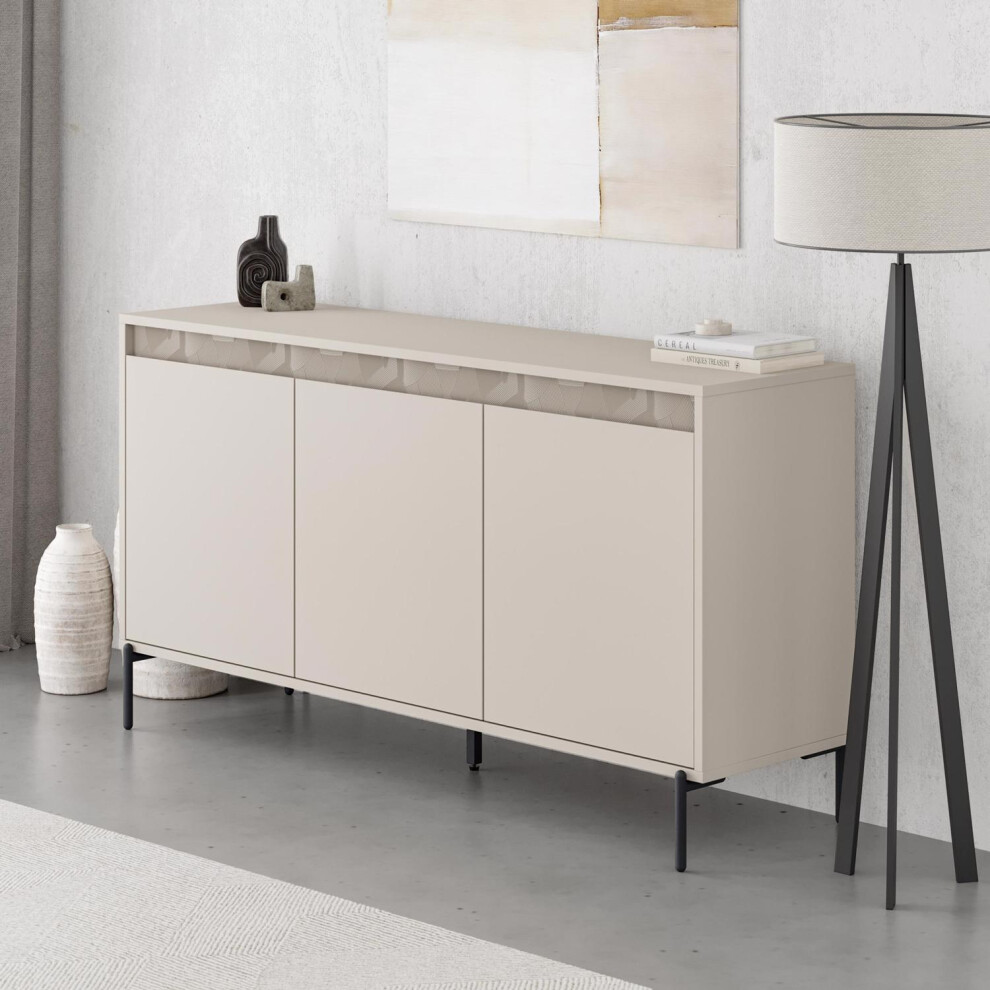 Sandstone 3 Door Sideboard Modern Textured Plinth Black Metal Legs and Handle