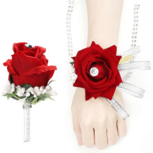 2-Pack Wedding Wrist Corsage and Corsage Set, Red Rose Wedding Flowers Accessories Prom Set Decoration