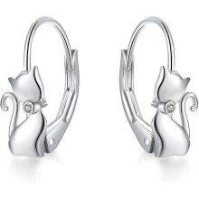 Cat Earrings 925 Sterling Silver Cat Dangle Hoop Earrings, Cat Jewelry Gift