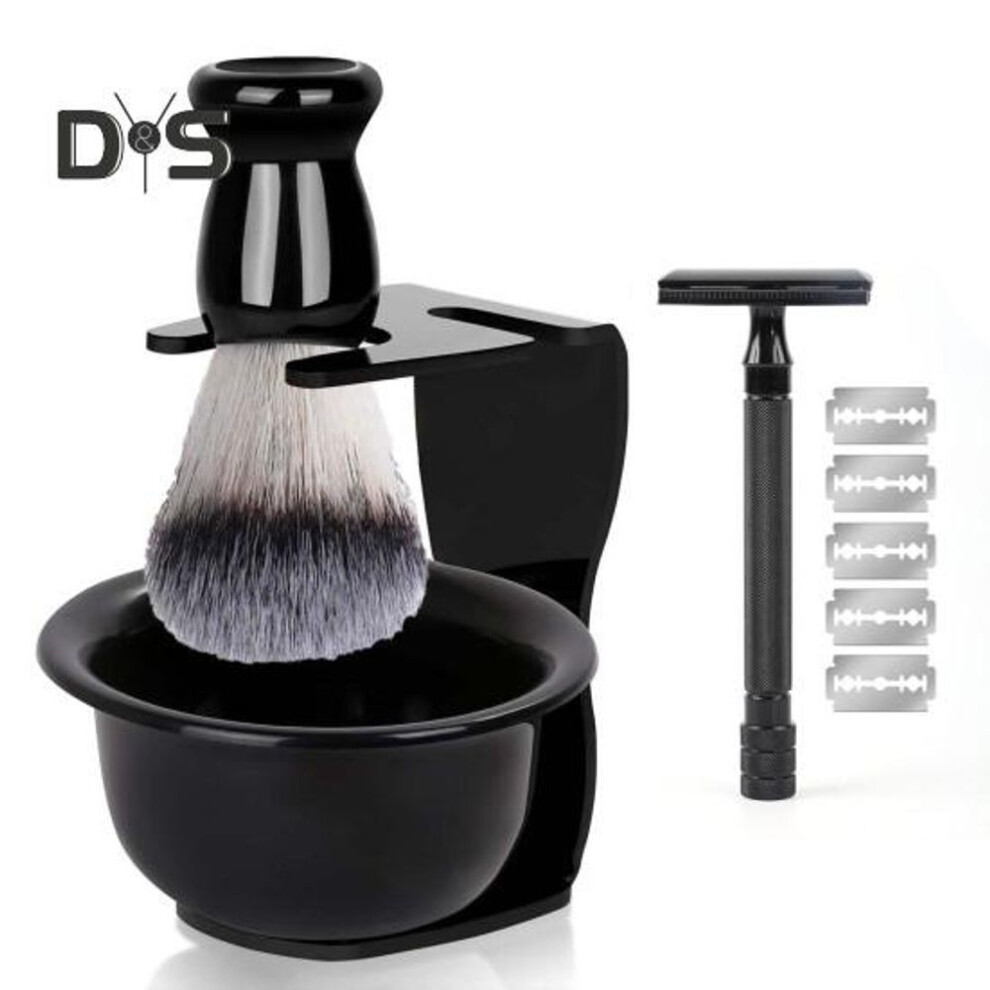 (black, B) 1 Set Men Shaving Kit With Razor Synthetic Bristles Shaving Brush Soap Bowl Stand Men Wet Shaving Grooming Tools Kit Husband Father Gift