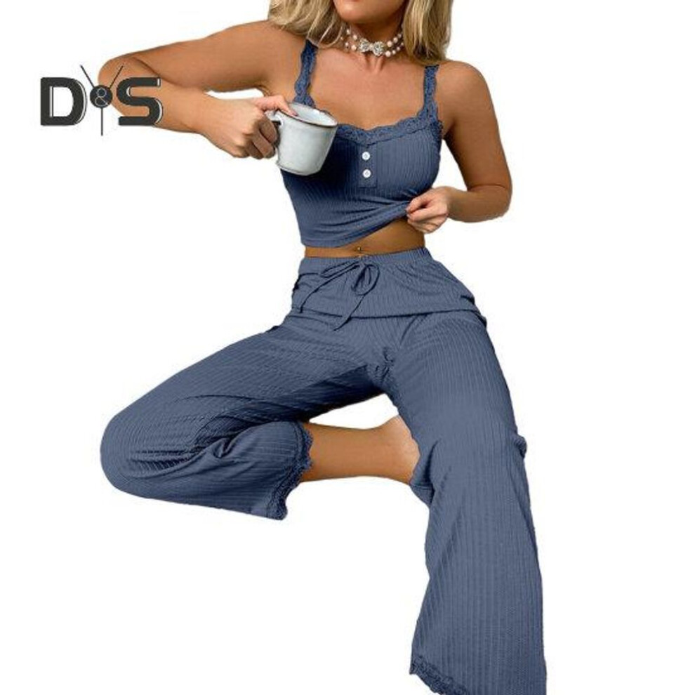 (L, purple) 2 Pcs/set Pants Top Suit Low-cut V Neck Sleeveless Solid Color Shirring Drawstring High Elastic Waist Lace Women Summer Pajamas Set Homewear Tank Top