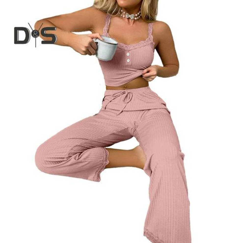 (M, pink) 2 Pcs/set Pants Top Suit Low-cut V Neck Sleeveless Solid Color Shirring Drawstring High Elastic Waist Lace Women Summer Pajamas Set Homewear Tank Top