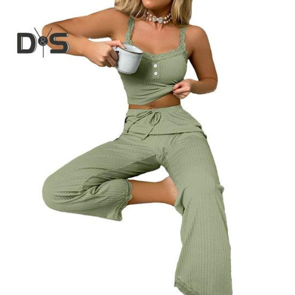 (M, green) 2 Pcs/Set Pants Top Suit Low-cut V Neck Sleeveless Solid Color Shirring Drawstring High Elastic Waist Lace Women Summer Pajamas Set Homewear Tank Top