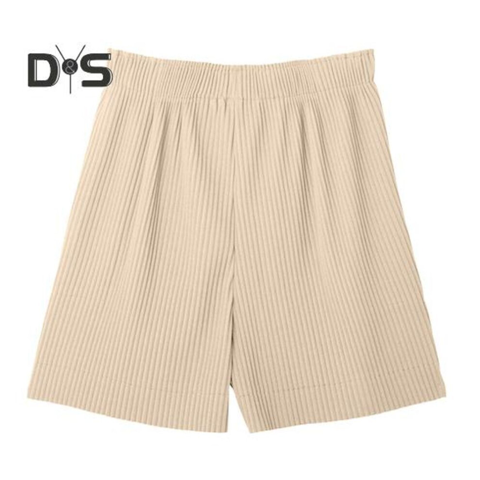 (beige) Women Shorts Elastic High Waist Ribbed Design Solid Color Casual Loose Fit Shorts Summer Wide Leg Shorts