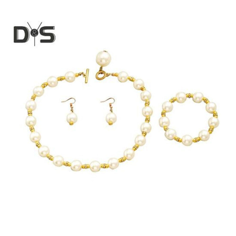 (white) 1set Women Jewelry Set Faux Pearl Earrings Necklace Bracelet Contrast Color Rhinestone Decor Polished Prom Party Wedding Party Bride Jewelry