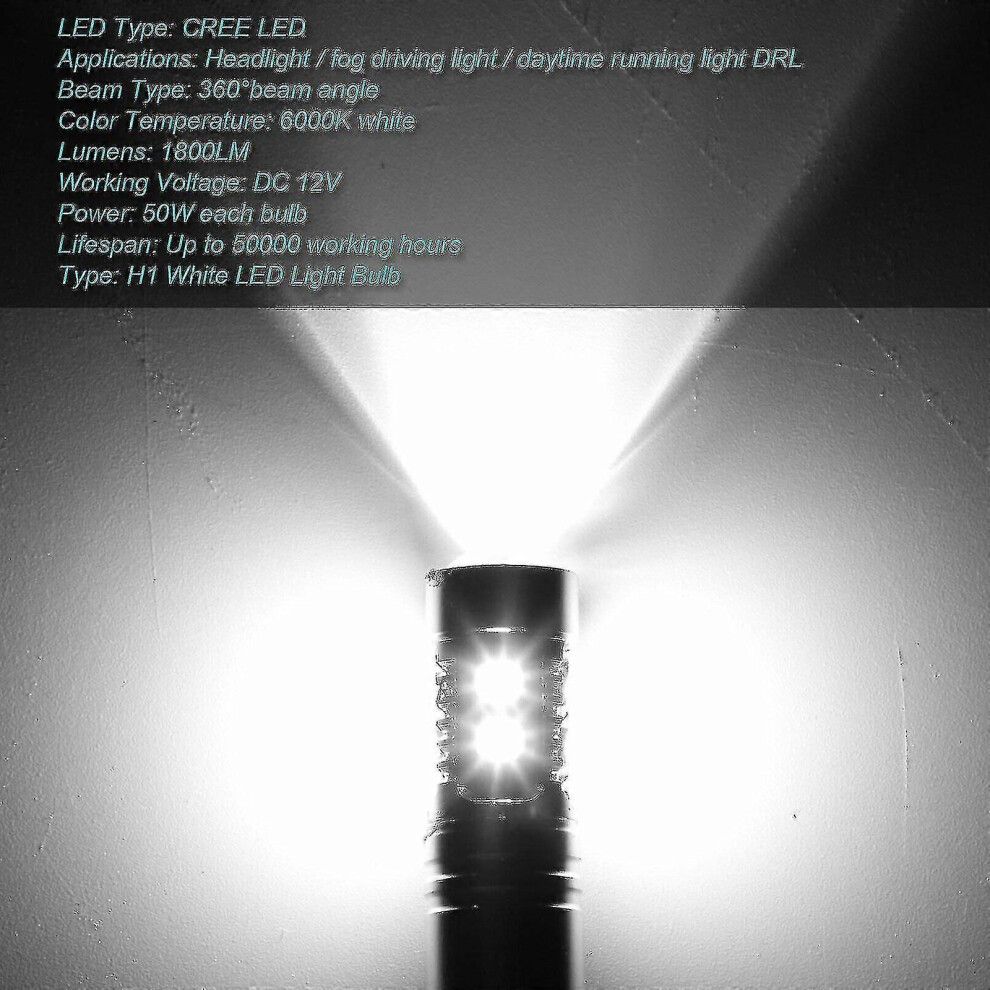 (As Show, One Size) 2Pcs H1 Led Head Bulbs Conversion Kit High Low Beam Fog 100W 6000K Light 6909775905678
