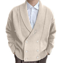 (As show, One size) Men Solid Double Breasted Knitted Cardigan Long Sleeve Casual Jumper Knitwear Coat Tops