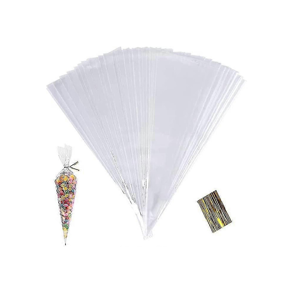 (As Show, One Size) High-Quality 100Pcs Clear Cone Bags, Sweets Cellophane Treat Bags, 25X13cm Plastic Candy Triangle Bags With Twist Ties For Food 6909775927083