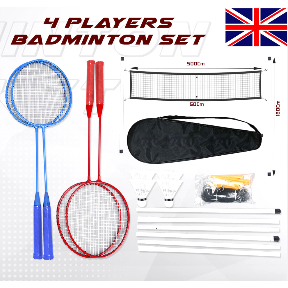 PROFESSIONAL BADMINTON SET 4 PLAYER RACKET SHUTTLECOCK POLES NET