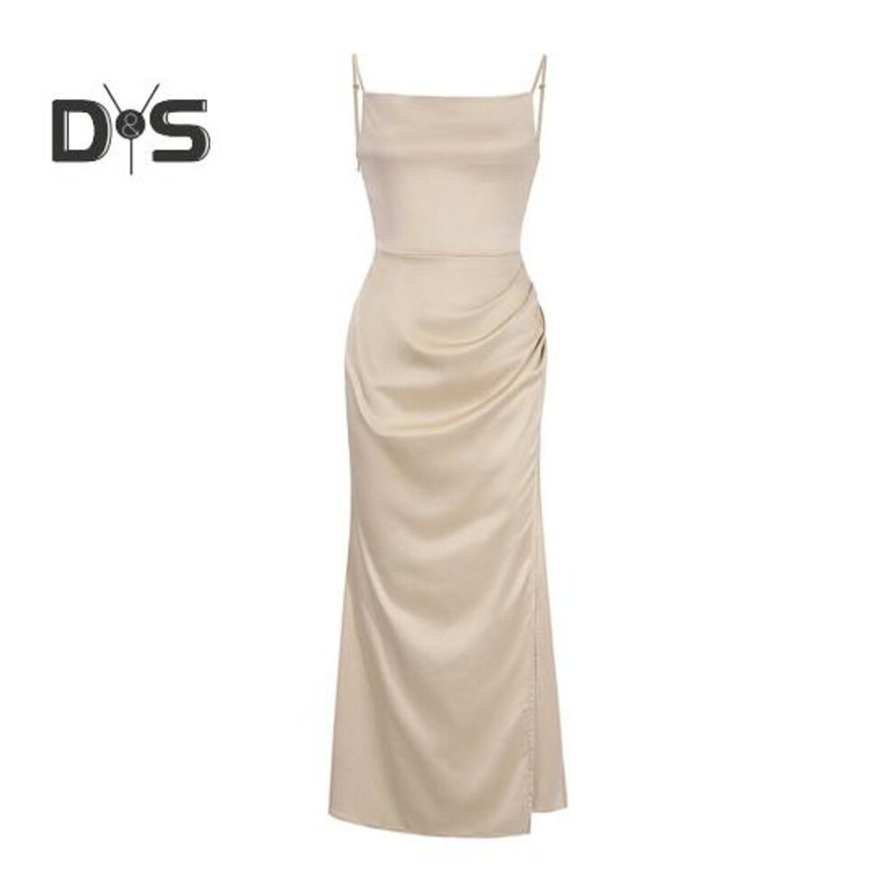 (champagne, L) Women's Satin Bodycon Dress Spaghetti Strap Side Slip Long Dress Cowl Neck Sexy Club Midi Dresses For Evening Birthday Party Weddings