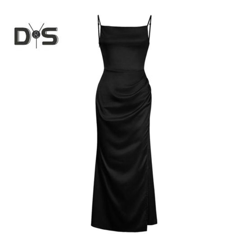 (black, XL) Women's Satin Bodycon Dress Spaghetti Strap Side Slip Long Dress Cowl Neck Sexy Club Midi Dresses For Evening Birthday Party Weddings