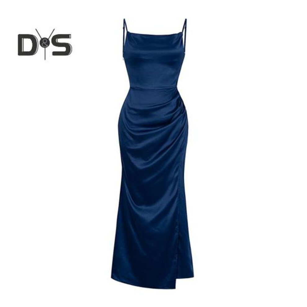 (blue, M) Women's Satin Bodycon Dress Spaghetti Strap Side Slip Long Dress Cowl Neck Sexy Club Midi Dresses for Evening Birthday Party Weddings