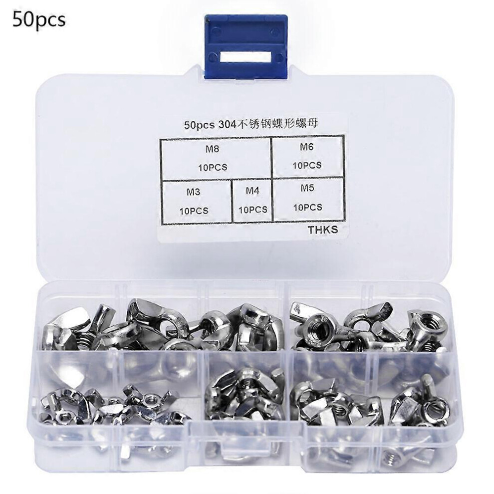 (As show, One size) 50 Pcs Butterfly Nut Stainless Steel Wing Nut Hand Tighten M3 M4 M5 M6 M8 Fastener Kit-image-OPC-PH7QX6M-NEW