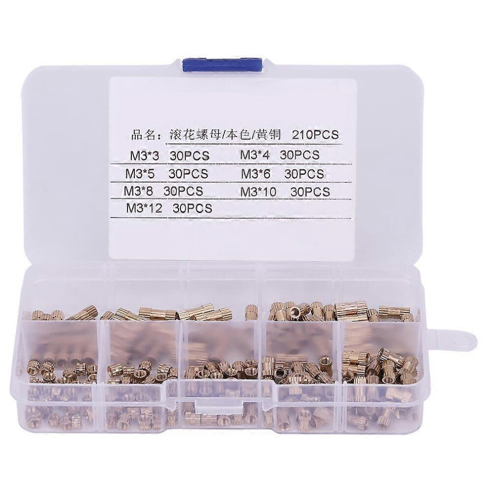 (As Show, One Size) 210Pcs M3 Brass Cylinder Knurled Threaded Round Insert Embedded Nuts 6909775597316