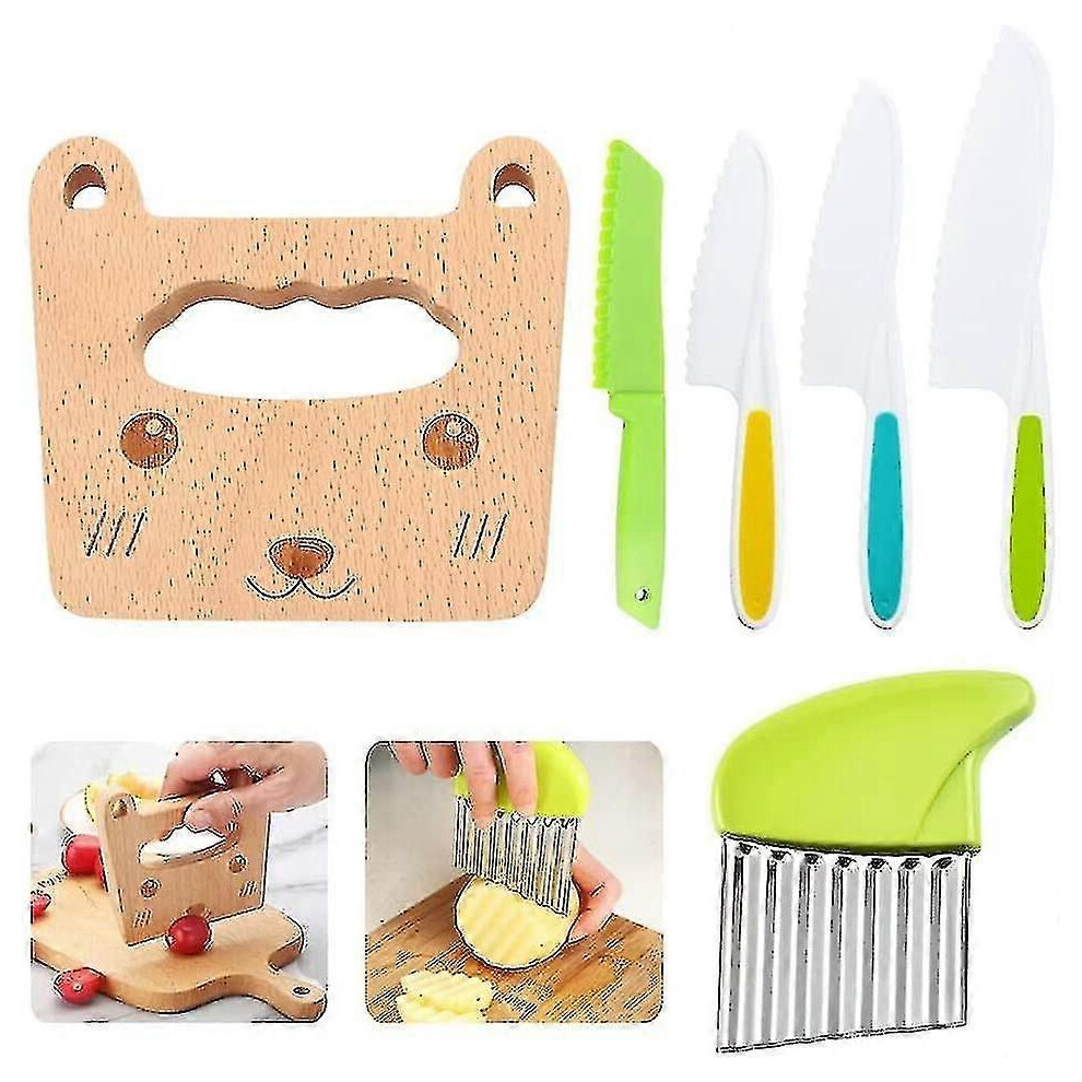 (As show, One size) Wood Kids Kitchen Knife Toddler Knife Set Cooking Knives Vegetable Crinkle Cutter Cooking Utensils For Kids Kitchen Supplies