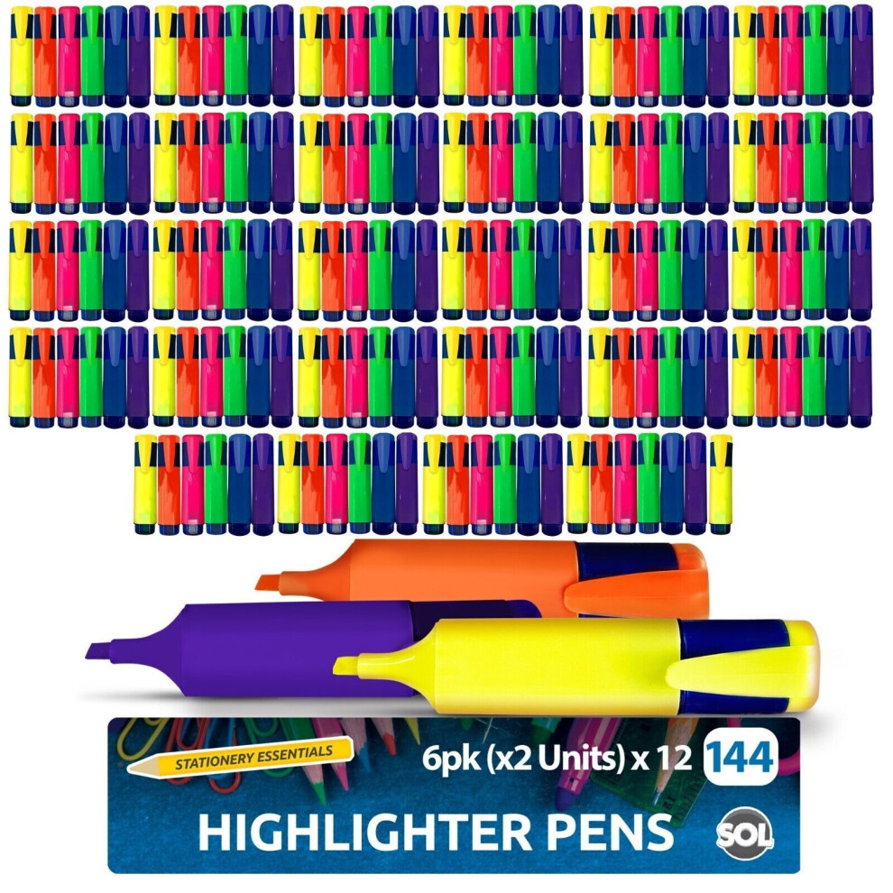 Assorted Highlighter Pens Set Fluorescent Bright Colour Markers Office (PK144)