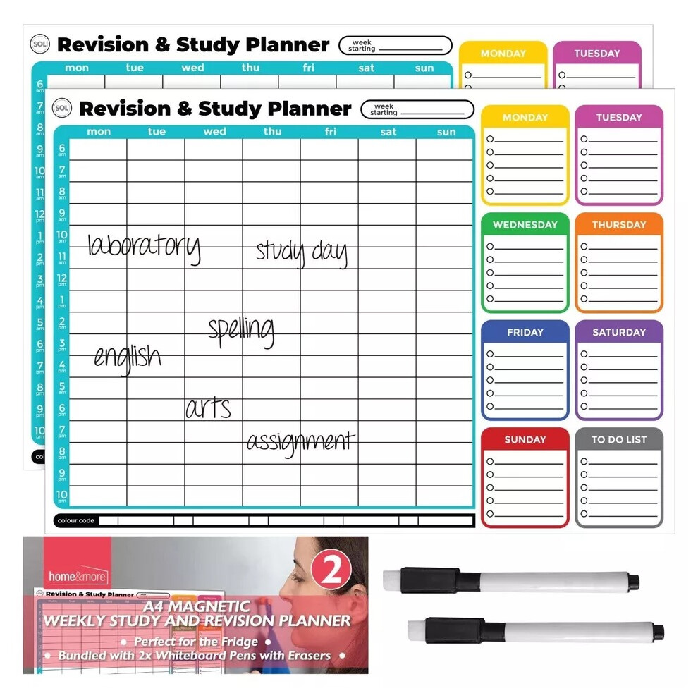 Magnetic Study Planner Weekly Daily Hourly Revision Tracker + Dry Wipe Pens 2pk