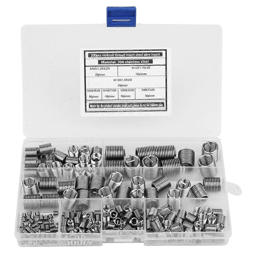 (As Show, One Size) 200Pcs 304 Stainless Steel Thread Insert M3-M12 Inner Thread Insert Assorted Set 6909775642481