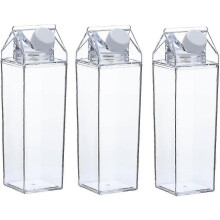 (As show, One size) 3 Pack Milk Carton Water Bottle Clear Square Milk Bottles Plastic Leak Proof Cup