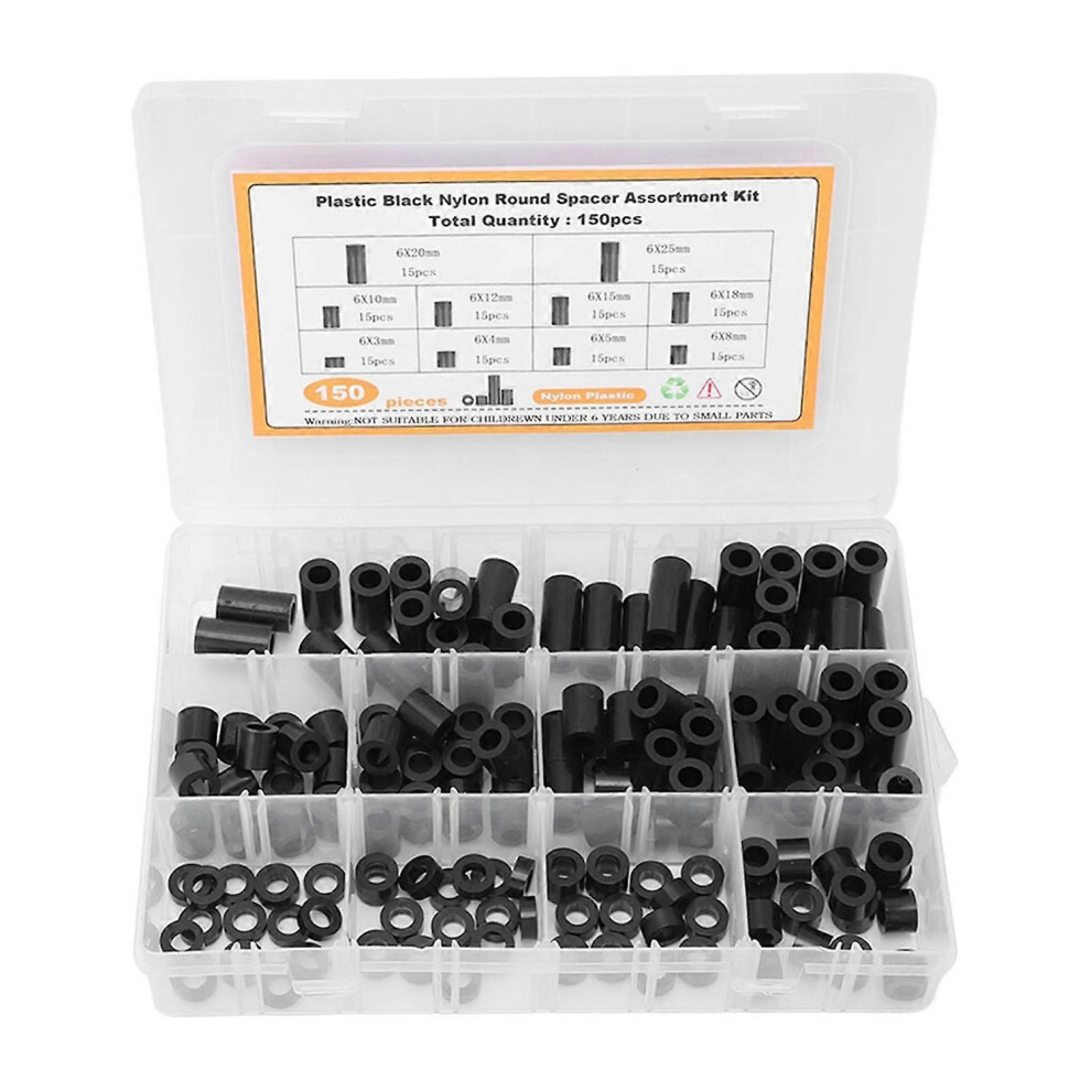 (As Show, One Size) 150Pcs Nylon Spacers Assortment Round Plastic For Screws Hardware Standoff Kit Black 6909775592243