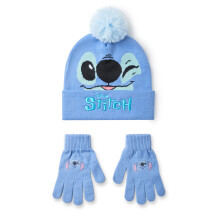 Disney Lilo & Stitch Girls Beanie & Gloves Set - Blue Stitch Face Hat with Pom, Heat-Transfer Gloves, One Size (8-12)