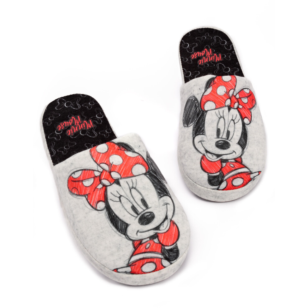 (3-4 UK) Disney Minnie Mouse Slippers Womens Slip-On Grey House Shoes