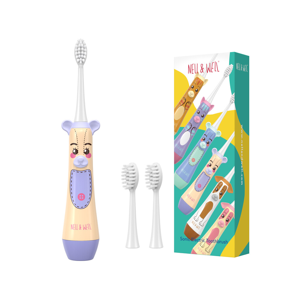 (Bear Yellow Purple)NELL&WELL Kids Electric Toothbrush Battery Powered Toothbrushes with 3 Soft Bristles