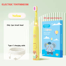 (Gelb, 1 Kopf) Elektrische Kinderzahnbürste mit Schallmotiv, Cartoon-Design, bunter LED-Beleuchtung,