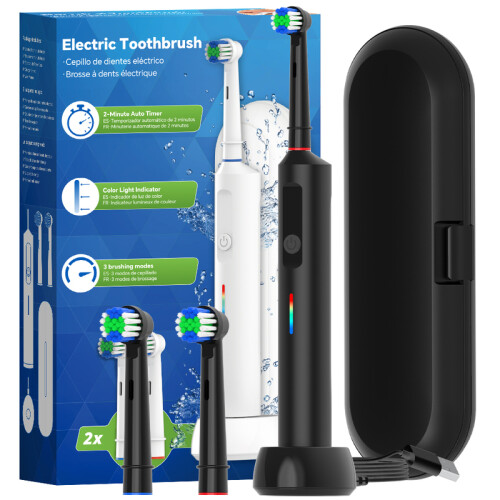 Brosse à dents électrique rotative rechargeable sans fil (noire), 3 modes.