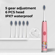 (Pink 6 Head 2) Elektrische Zahnbürste für Kinder mit Cartoon-Motiven, inklusive Ersatzbürstenkopf,