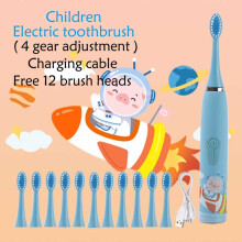 (Blaue 12 Bürstenköpfe) Elektrische Schallzahnbürste mit Cartoon-Motiv für Kinder, inklusive Reinigungsbürste,