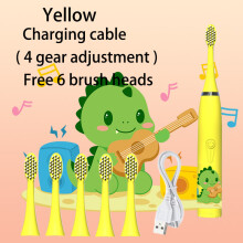 (Gelbe 6-Bürsten-)Schallzahnbürste für Kinder, bunte Cartoon-Designs, IPX7 wasserdicht, mit Ersatzbürsten