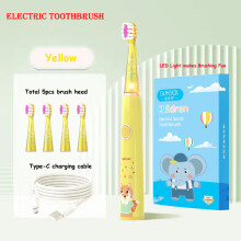 (Gelbe 5-Bürsten-Schallzahnbürste) Elektrische Kinderzahnbürste mit Cartoon-Motiv, bunter LED-Beleuchtung,