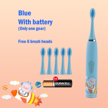 (Blaue 6-Bürsten-)Elektrische Kinderzahnbürste mit Cartoon-Motiv, inklusive Ersatzbürstenköpfen, Ultraschall,