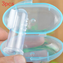 (blau, 3er-Pack) Baby-Fingerzahnbürste aus Silikon + Box, Kinderzähne, durchsichtig, weich, Silikon,
