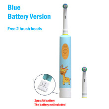 (Blaue 2-Kopf-)Elektrische Zahnbürste mit weichen Borsten, bunten Cartoon-Motiven und abgerundeten Vibrationsköpfen