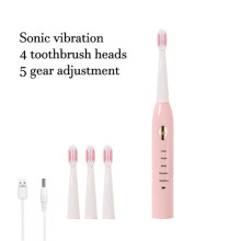 (Pink mit 4 Bürsten) Elektrische Zahnbürste für Erwachsene, klassisch, akustisch, schwarz-weiß, 5 Geschwindigkeitsstufen,