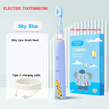 (Himmelblau, 1 Bürstenkopf) Elektrische Kinderzahnbürste mit Cartoon-Motiv, farbigem LED-Licht, IPX7