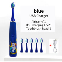 (Blaue 6-Kopf-)Elektrozahnbürste für Kinder, Cartoon-Design, mit austauschbarem Ultraschall-Zahnbürstenkopf