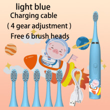 (Blaue 6-Kopf-)Elektrozahnbürste für Kinder, Cartoon-Design, mit austauschbarem Ultraschall-Bürstenkopf