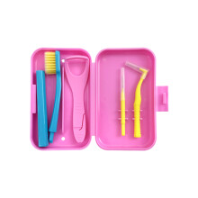 (Pink) Tragbare Zahnbürstenbox, kieferorthopädisches Mundhygiene-Set, Interdentalbürste, Zungenschaber,