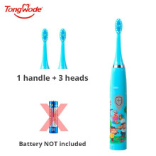 (Blau mit 3 Bürstenköpfen) Elektrische Schallzahnbürste für Kinder, IPX7 wasserdicht, buntes Cartoon-Design,