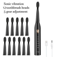 Elektrische Zahnbürste (schwarz, 12 Bürstenköpfe), 5 Reinigungsstufen, USB-Ladefunktion, 4 Farben, IPX7