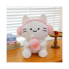 (Rosa - 35 cm) Plüschkatze mit Headset, Milchtee-Motiv, Cartoon-Tier-Füllpuppe, Geschenkidee, Weihnachtsdekoration