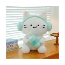(Blau - 35 cm) Plüschkatze mit Headset, Milchtee-Motiv, Cartoon-Tier-Füllpuppe, Geschenkidee, Weihnachtsdekoration