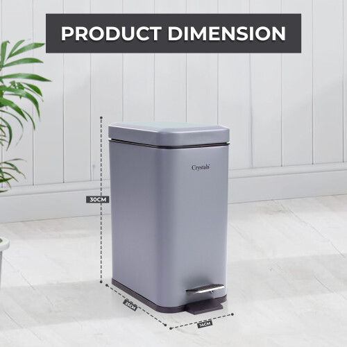 5L BATHROOM SLIM KITCHEN PEDAL RECTANGULAR BIN WASTE WITH SOFT CLOSING LID GREY 1