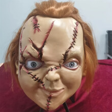 (One Piece Mask) Realistic Chucky Horror Latex Mask - Scary Halloween Costume Accessory with Red Hair & Stitched Face