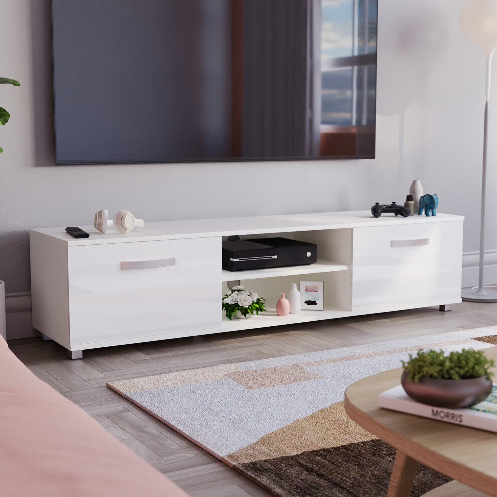 (White) Cosmo 2 Door TV Cabinet with Shelf - 160cm