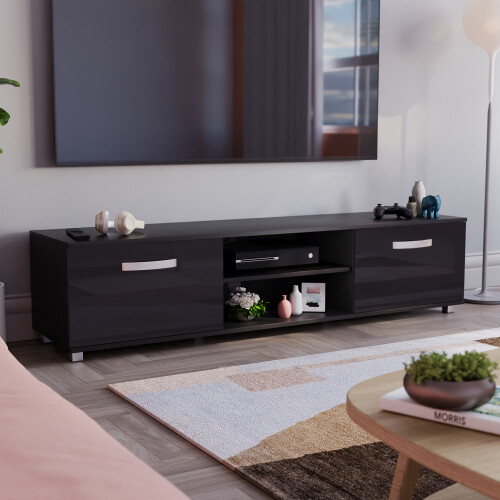(Black) Cosmo 2 Door TV Cabinet with Shelf - 160cm